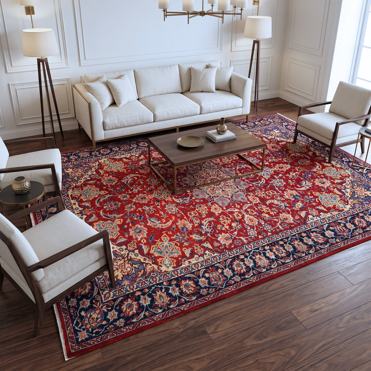 Red, Navy Blue & Cream Persian Najaf Abad Floral Medallion Rug 392 × 248 cm - photo 2