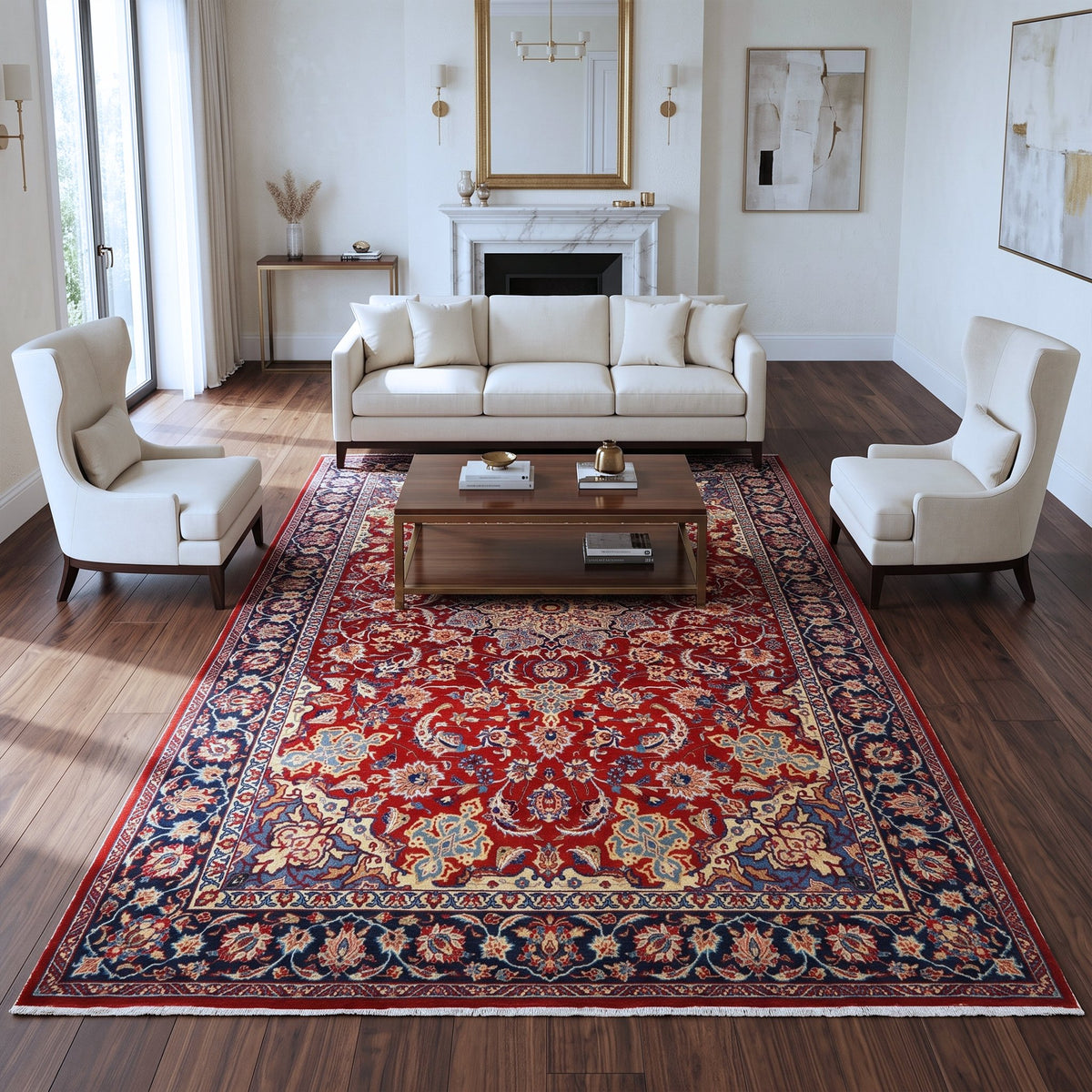 Red, Navy Blue & Cream Persian Najaf Abad Floral Medallion Rug 392 × 248 cm - photo 3