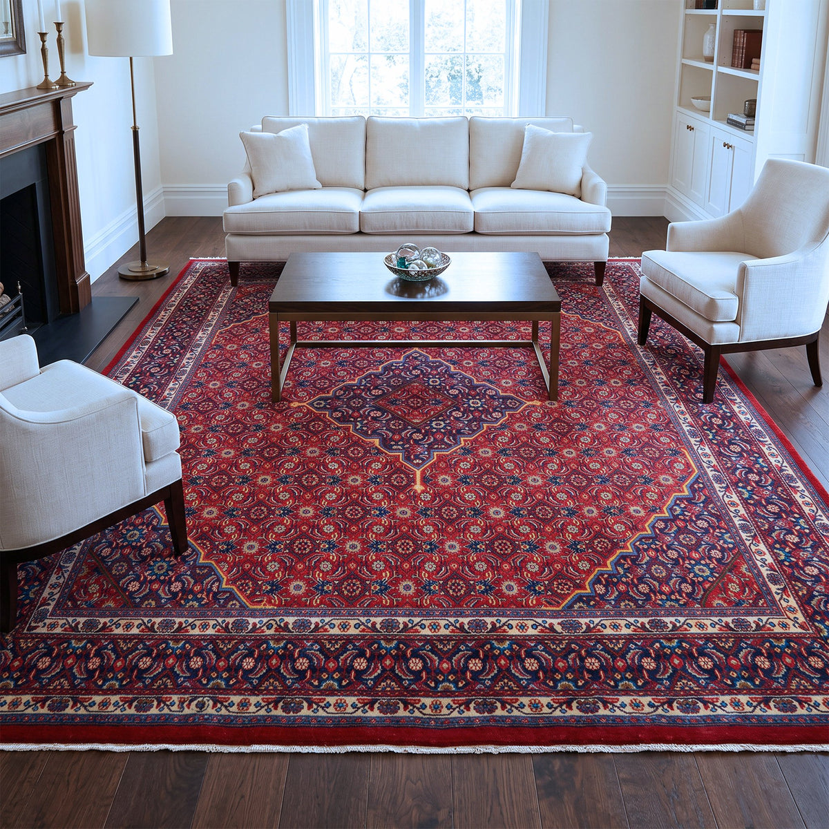 Red, Navy Blue & Cream Persian Mahal Geometric Medallion Rug 396 × 299 cm - photo 2