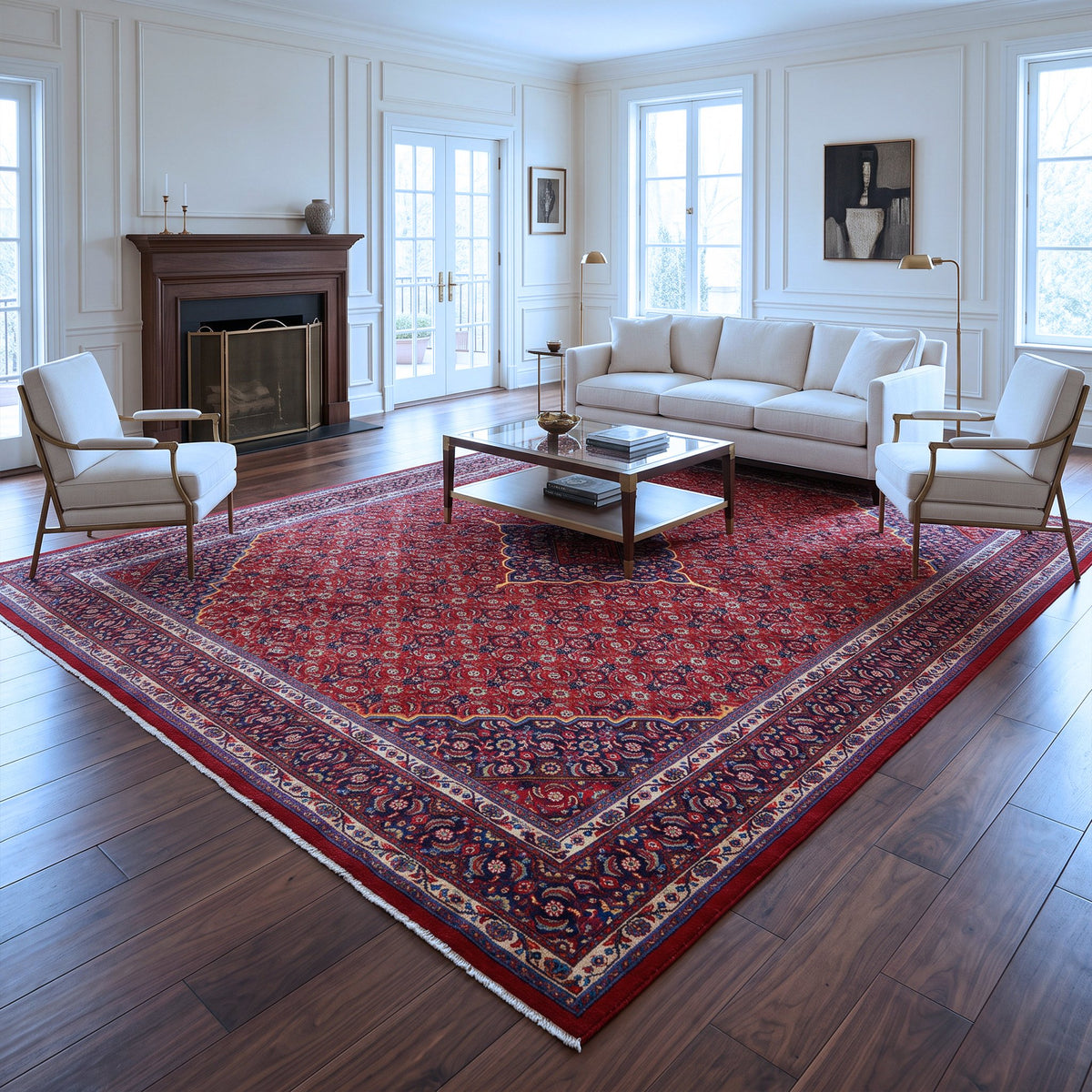 Red, Navy Blue & Cream Persian Mahal Geometric Medallion Rug 396 × 299 cm - photo 3