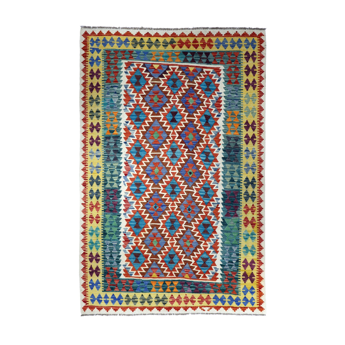 Rust & Teal Geometric Tribal Diamond Kilim Rug Design 256 × 175 cm
