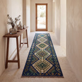 Navy Blue & Olive Green Geometric Tribal Diamond Kilim Runner Design 257 × 78 cm - photo 2