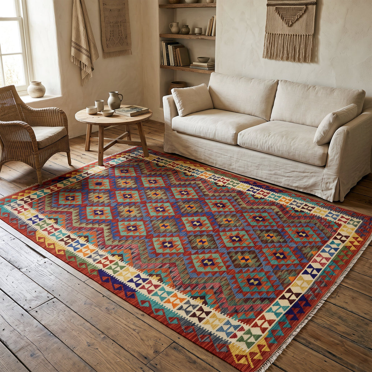 Teal & Rust Geometric Tribal Diamond Kilim Rug Design 260 × 180 cm - photo 2