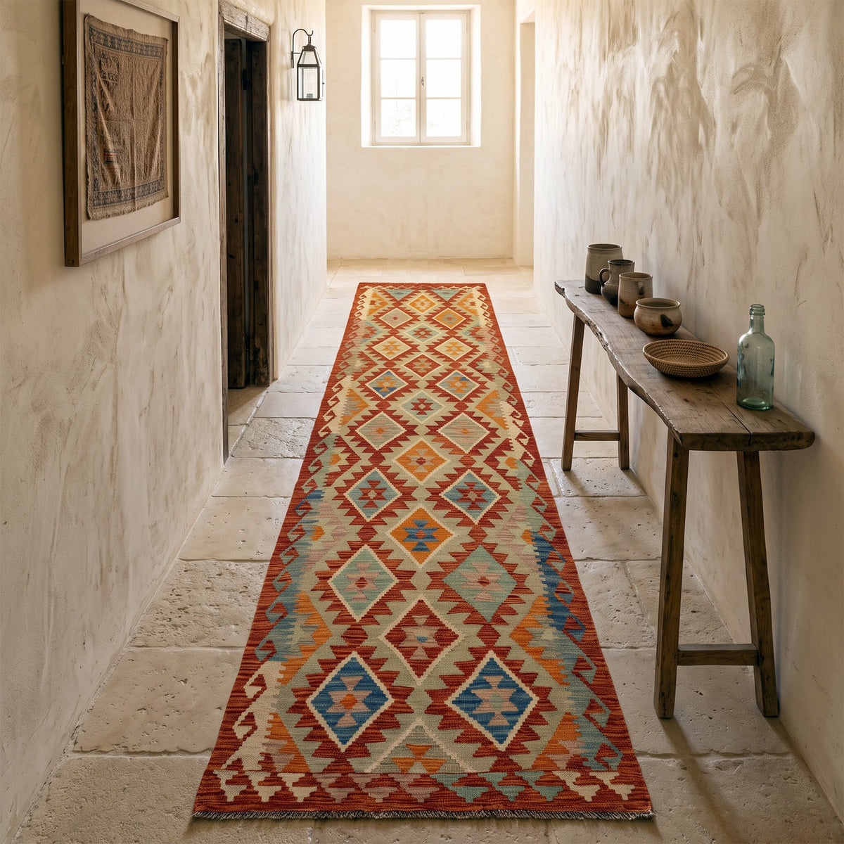 Rust & Beige Geometric Tribal Diamond Kilim Runner Design 290 × 79 cm - photo 2