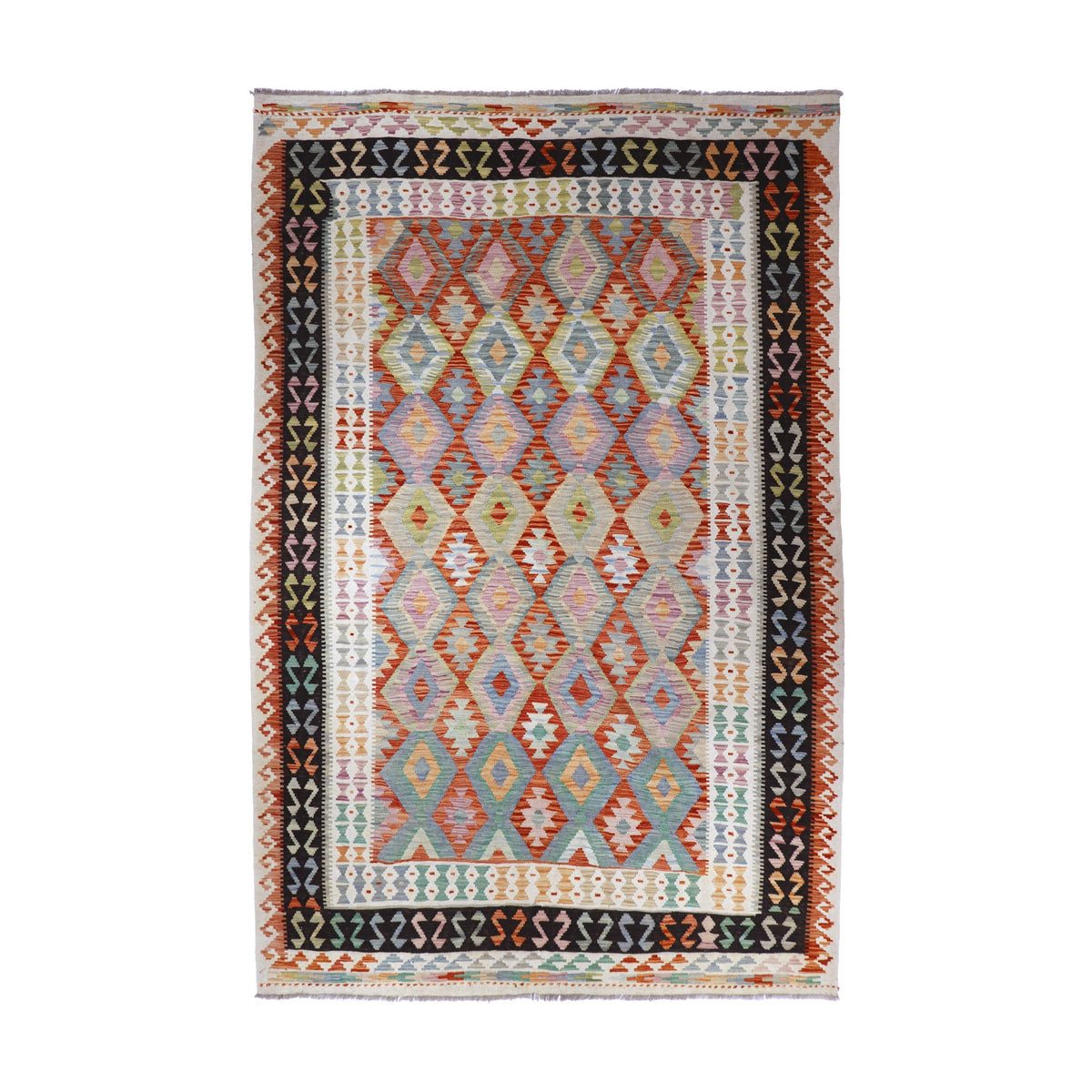 Cream & Terracotta Geometric Tribal Diamond Kilim Rug Design 290 × 208 cm
