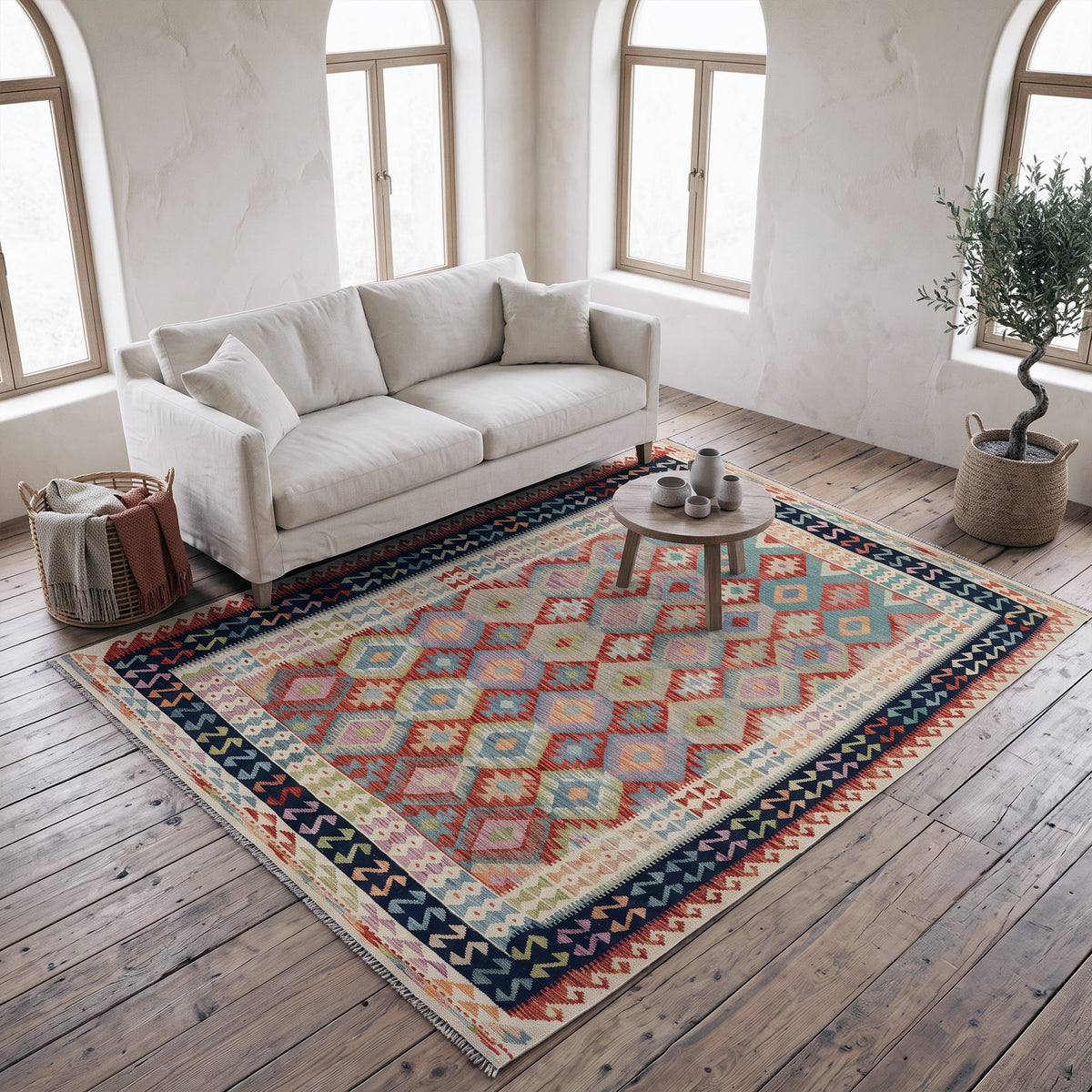 Cream & Terracotta Geometric Tribal Diamond Kilim Rug Design 290 × 208 cm - photo 2