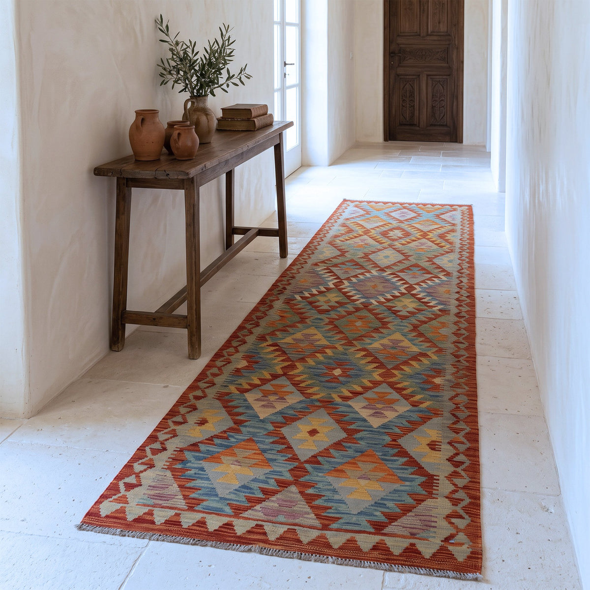 Rust & Sage Green Multicoloured Geometric Tribal Diamond Kilim Runner 292 × 80 cm - photo 2