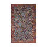 Rust & Muted Blue Multicoloured Geometric Tribal Diamond Kilim Rug 292 × 200 cm