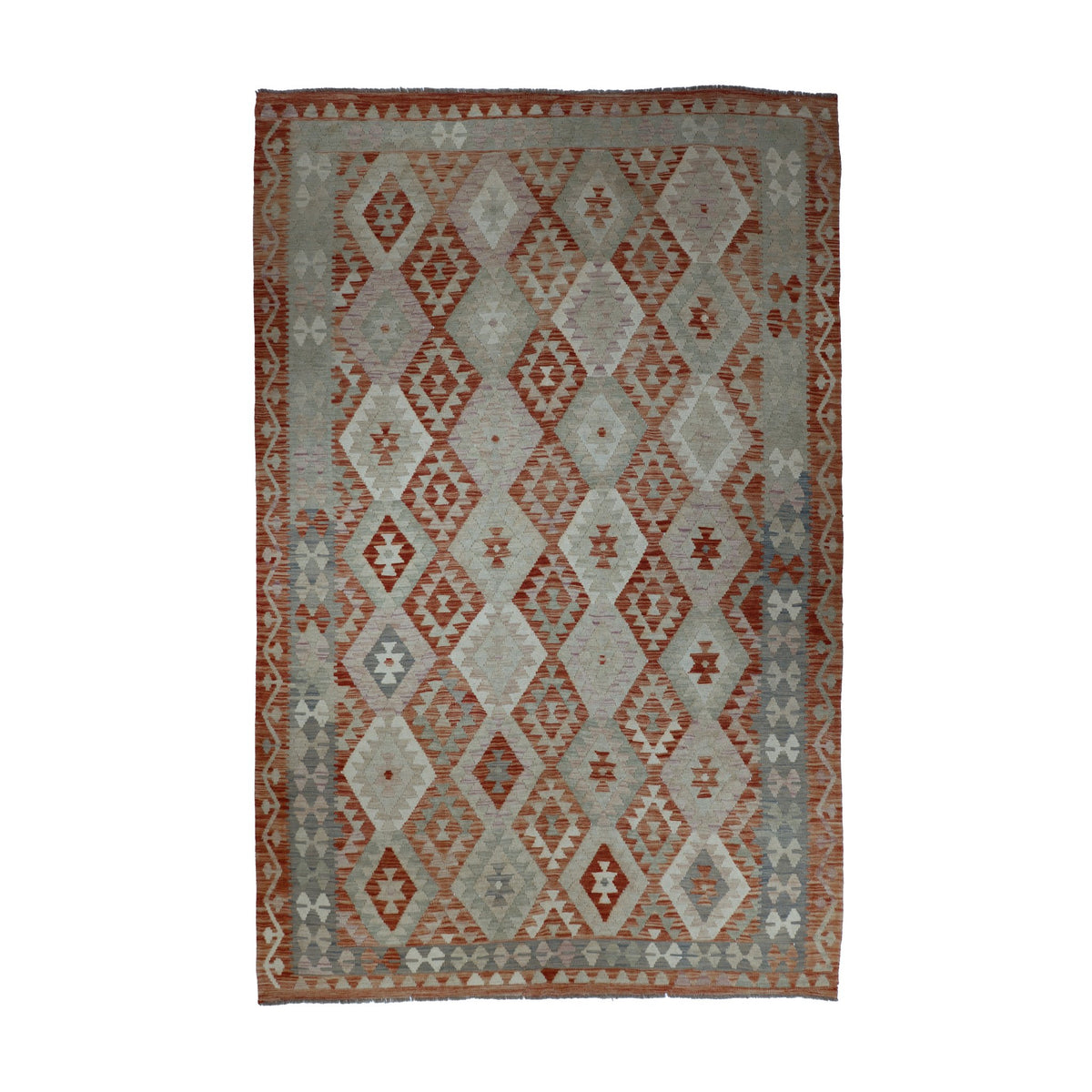 Cream & Terracotta Multicoloured Geometric Tribal Diamond Kilim Rug 296 × 198 cm