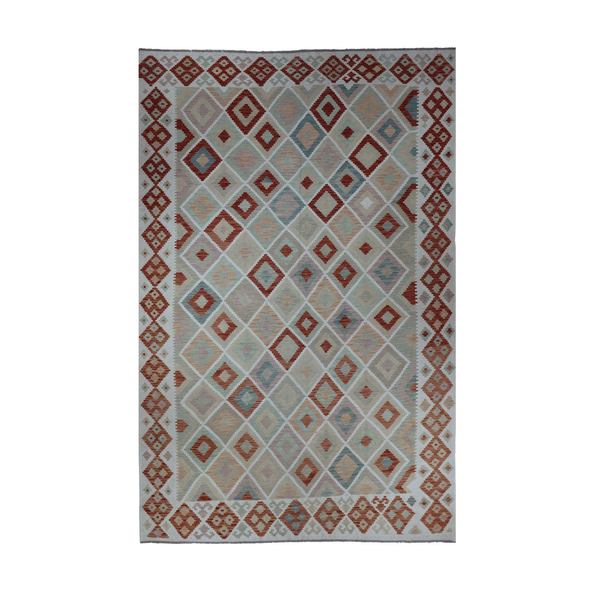 Cream & Terracotta Multicoloured Geometric Tribal Diamond Kilim Rug Design 296 × 203 cm