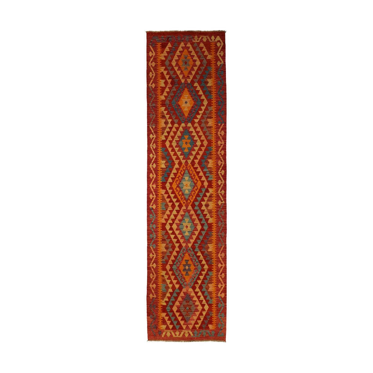 Deep Rust & Burnt Orange Multicoloured Geometric Tribal Diamond Kilim Runner 296 × 88 cm
