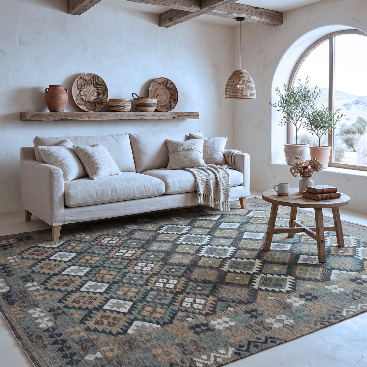 Taupe & Sage Green Multicoloured Geometric Tribal Diamond Kilim Rug Design 297 × 200 cm - photo 2