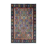 Charcoal Grey & Muted Blue Multicoloured Geometric Tribal Diamond Kilim Rug Design 298 × 204 cm