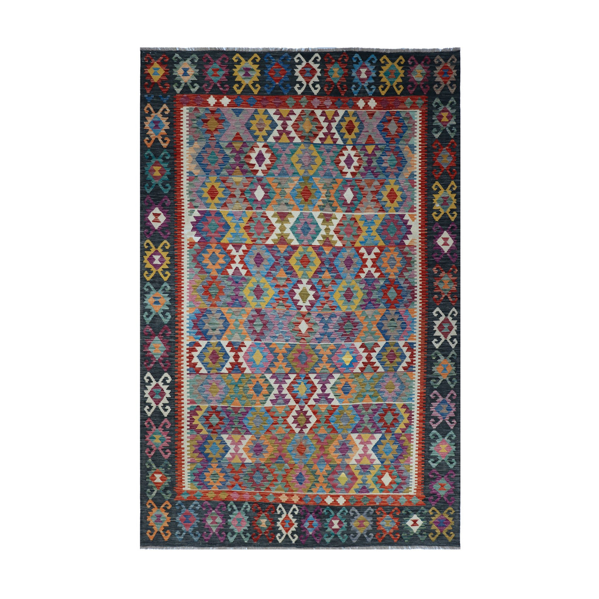 Charcoal Grey & Muted Blue Multicoloured Geometric Tribal Diamond Kilim Rug Design 298 × 204 cm