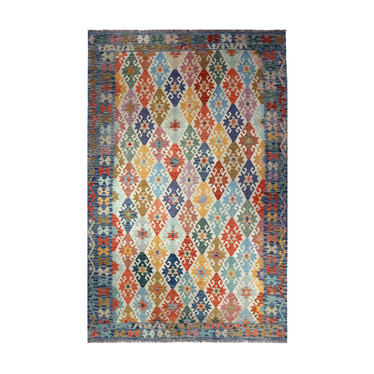 Cream & Muted Blue Multicoloured Geometric Tribal Diamond Kilim Rug Design 298 × 213 cm