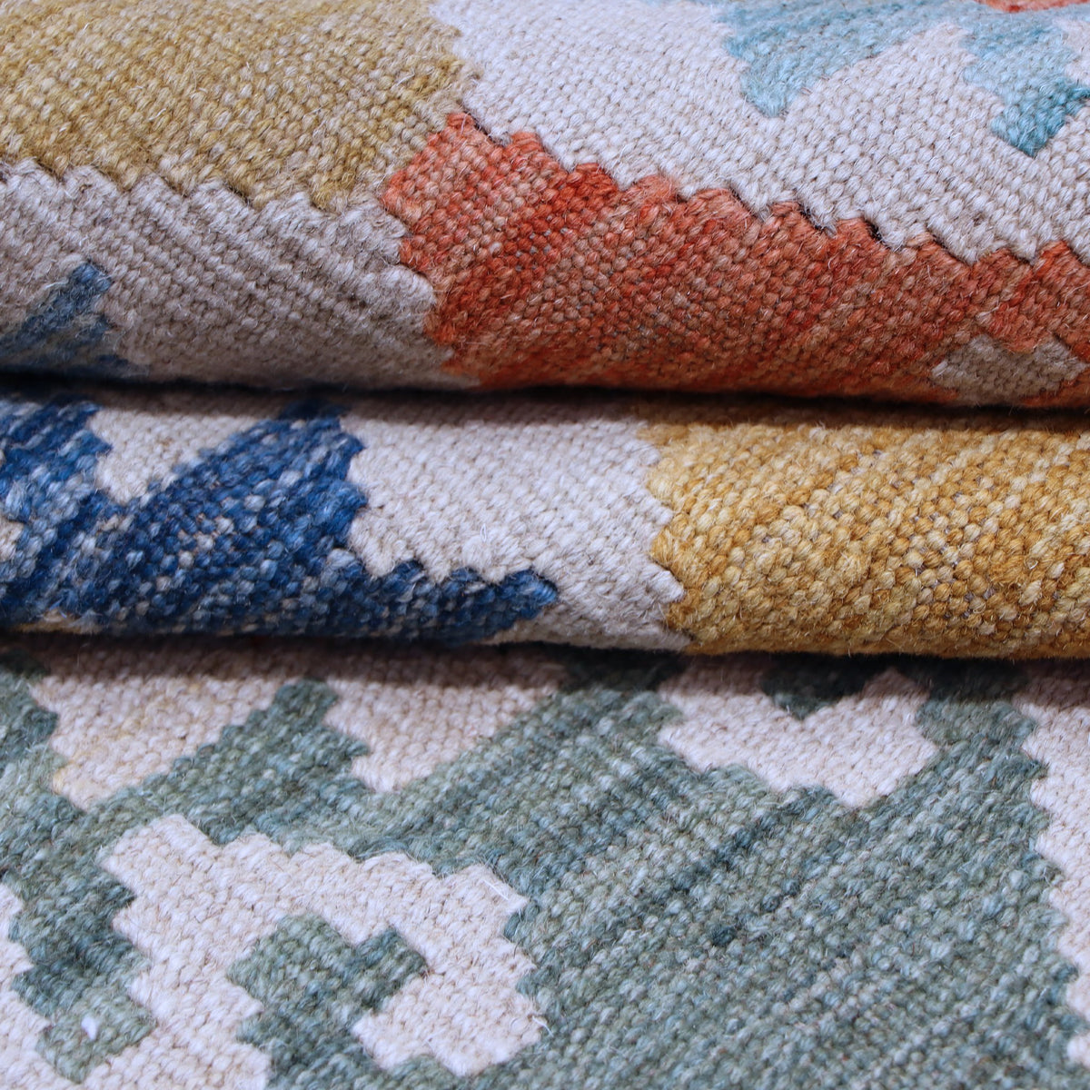 Cream & Muted Blue Multicoloured Geometric Tribal Diamond Kilim Rug Design 298 × 213 cm - photo 3