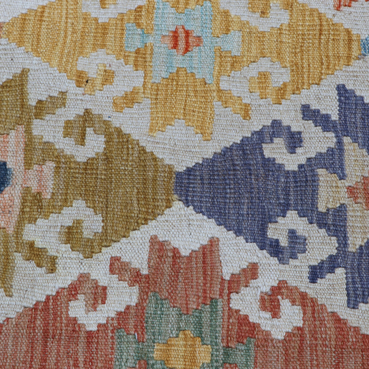 Cream & Muted Blue Multicoloured Geometric Tribal Diamond Kilim Rug Design 298 × 213 cm - photo 4