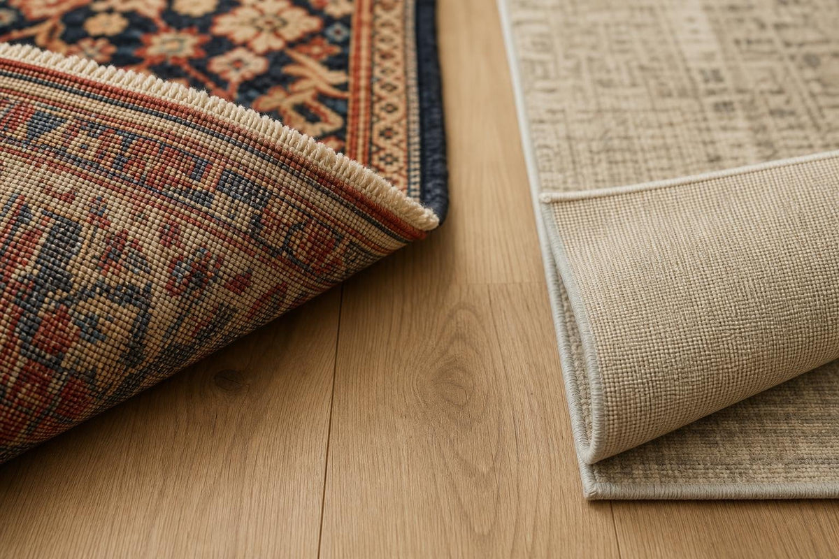 Back of a hand-knotted Persian rug next to the back of a machine-made rug