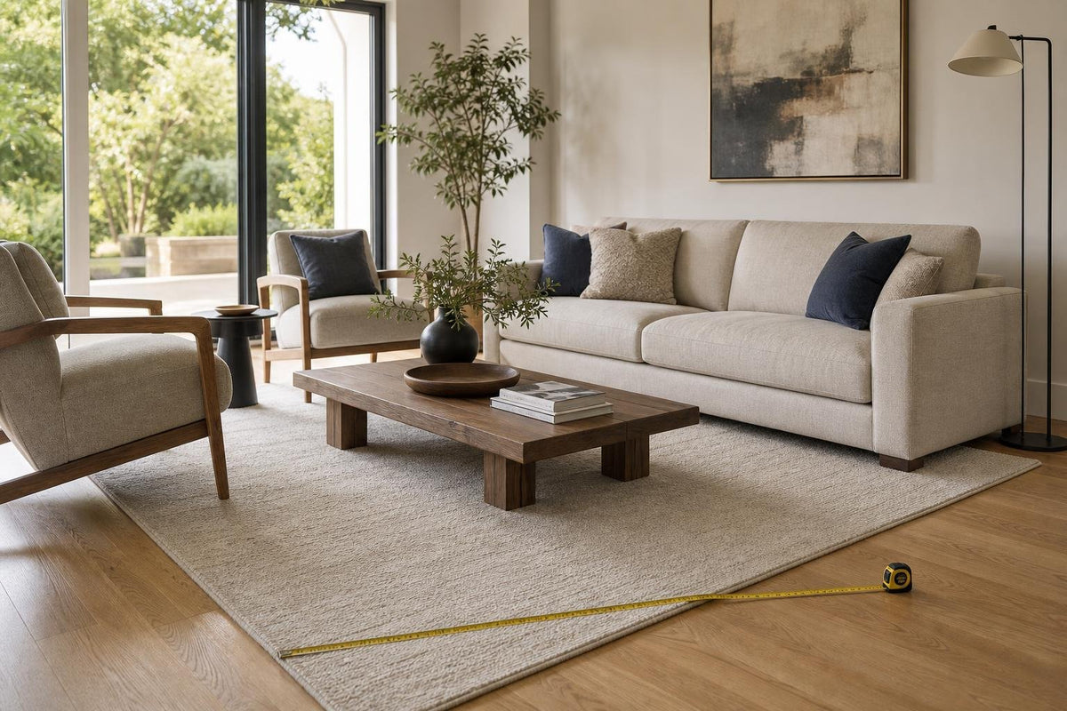 Living room rug sized so the sofa and chairs sit on it, with a tape measure