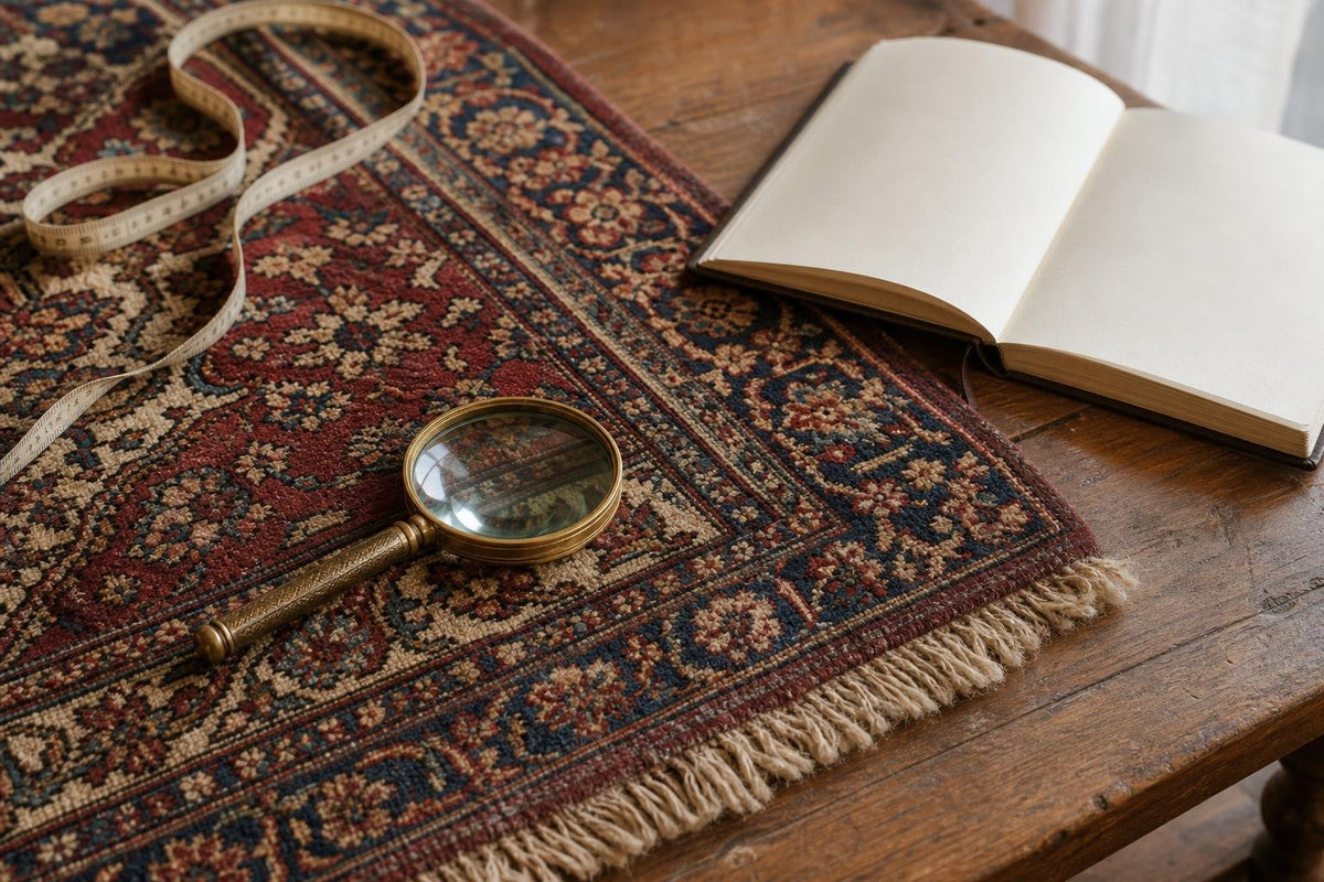 Antique Persian rug with a magnifying glass and tape measure for valuation