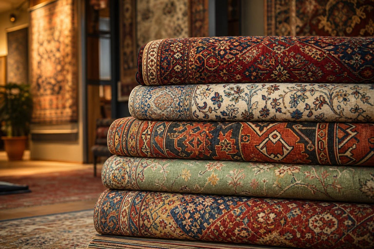 Stack of folded Persian and Oriental rugs in different styles