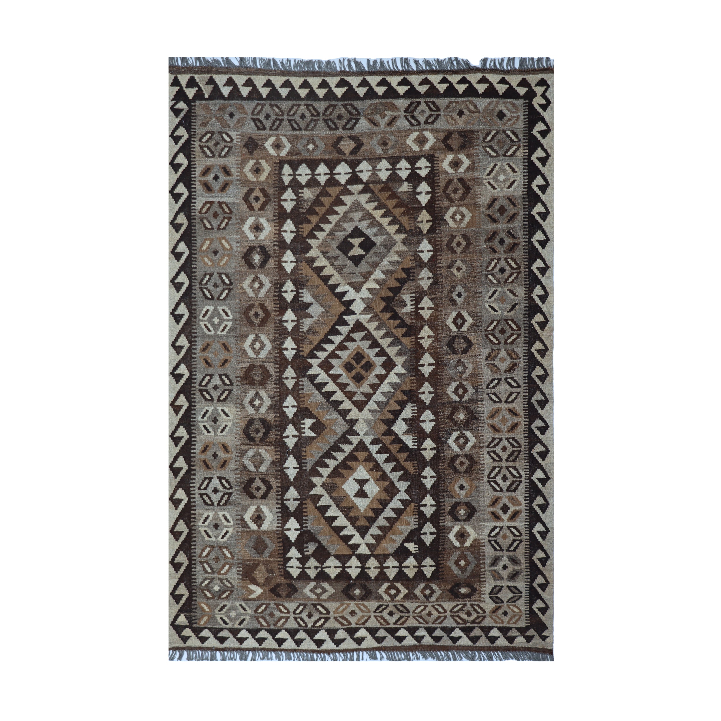 Brown & Beige Tribal Geometric Kilim Rug Design 209 × 150 cm