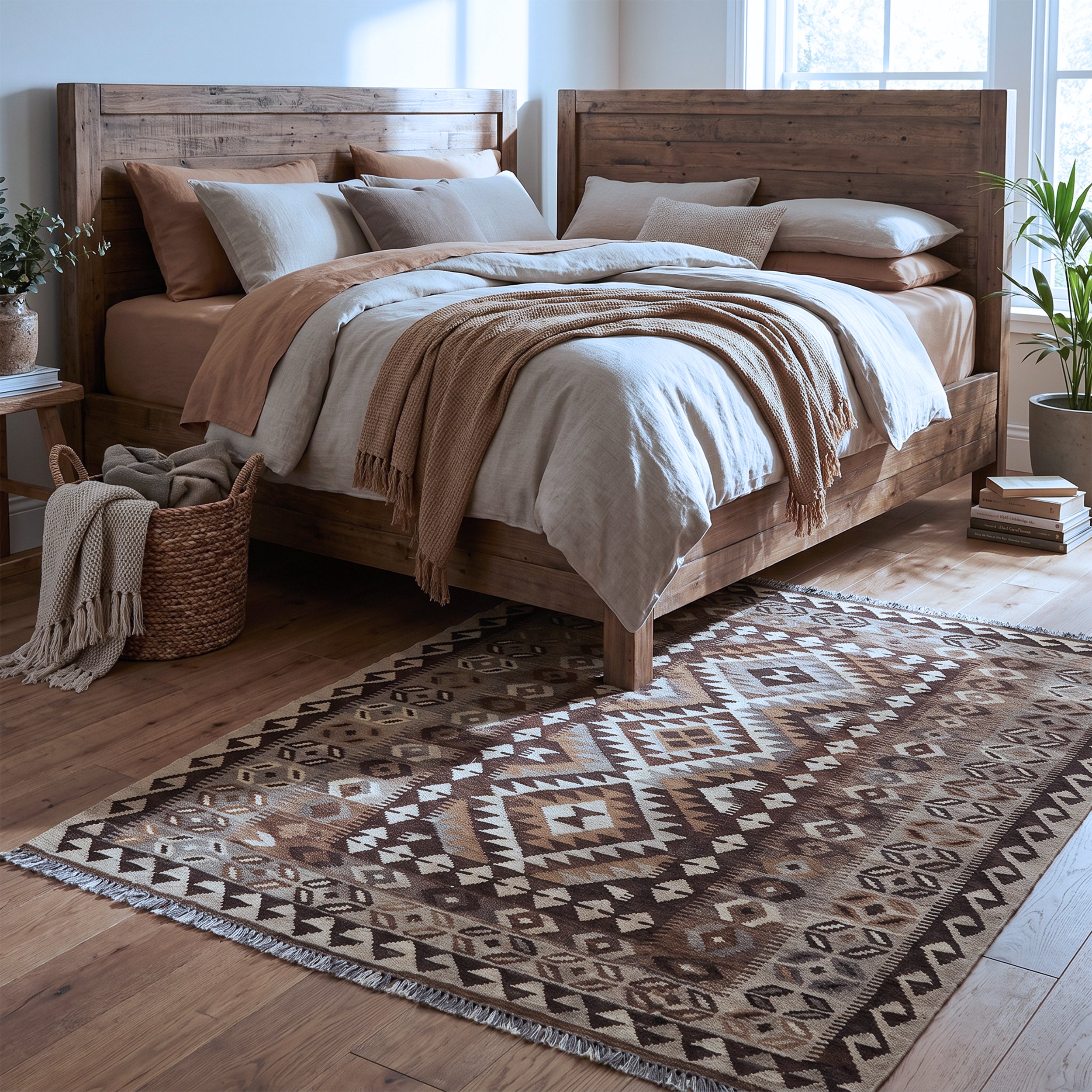 Brown & Beige Tribal Geometric Kilim Rug Design 209 × 150 cm