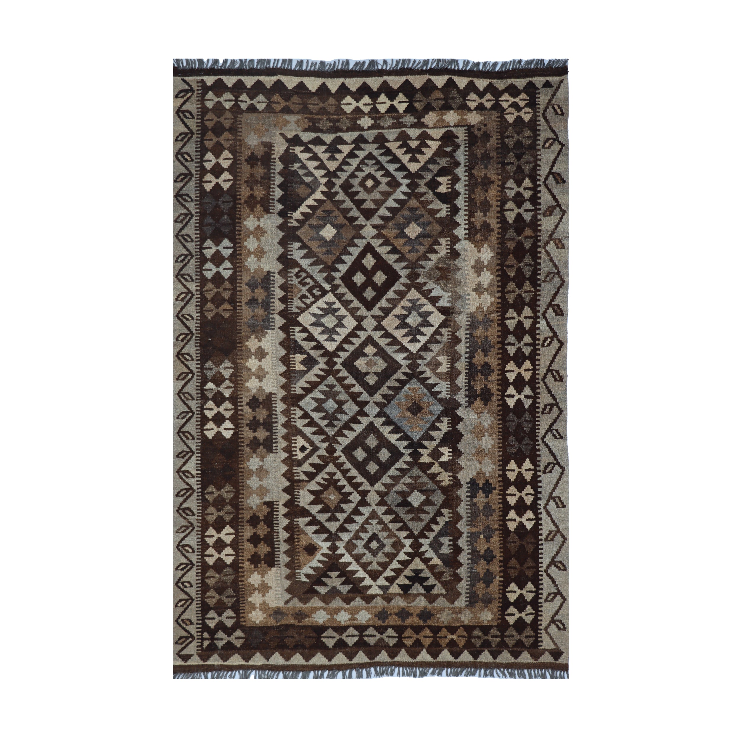 Brown & Beige Tribal Geometric Kilim Rug Design 202 × 149 cm