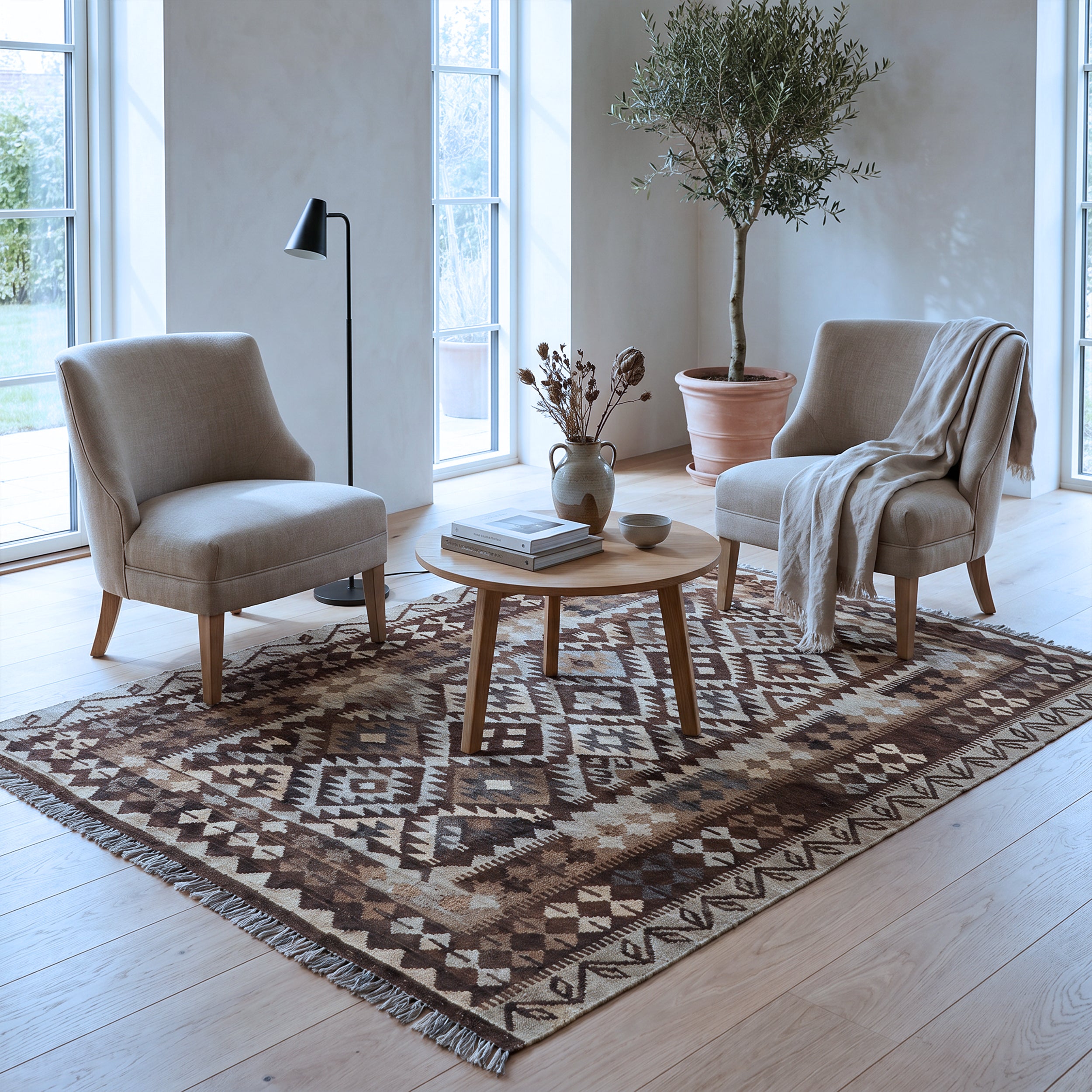 Brown & Beige Tribal Geometric Kilim Rug Design 202 × 149 cm