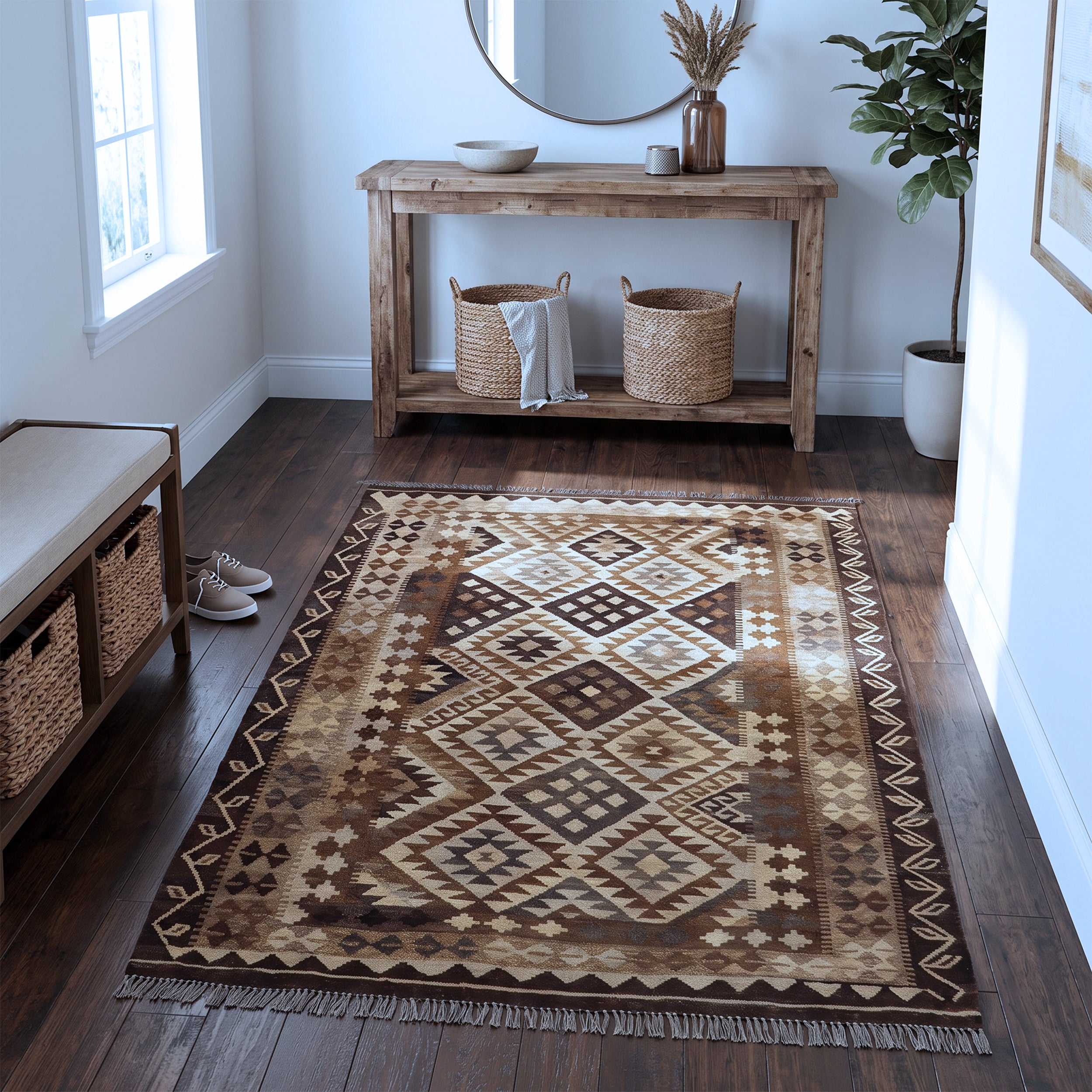 Brown & Beige Tribal Geometric Kilim Rug Design 200 × 152 cm