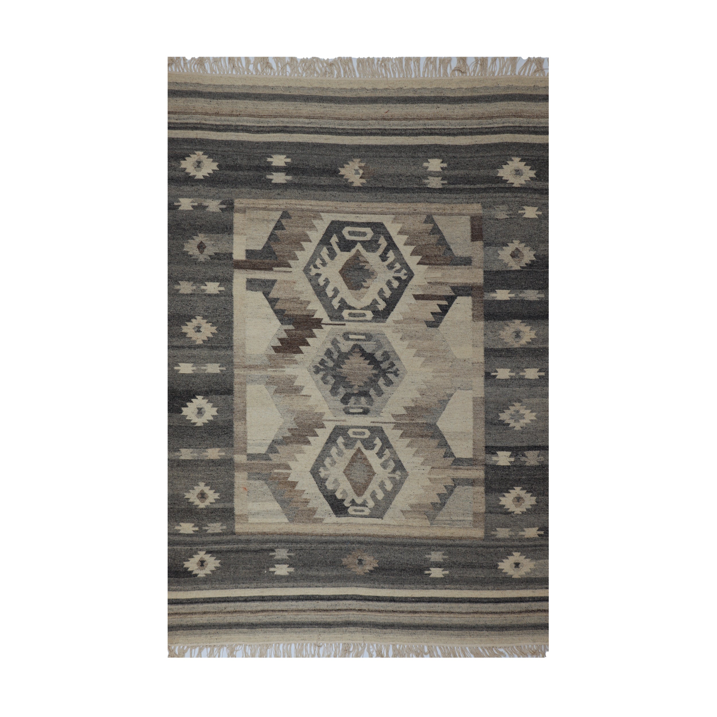 Grey, Ivory & Brown Tribal Geometric Kilim Rug Design 150 × 200 cm