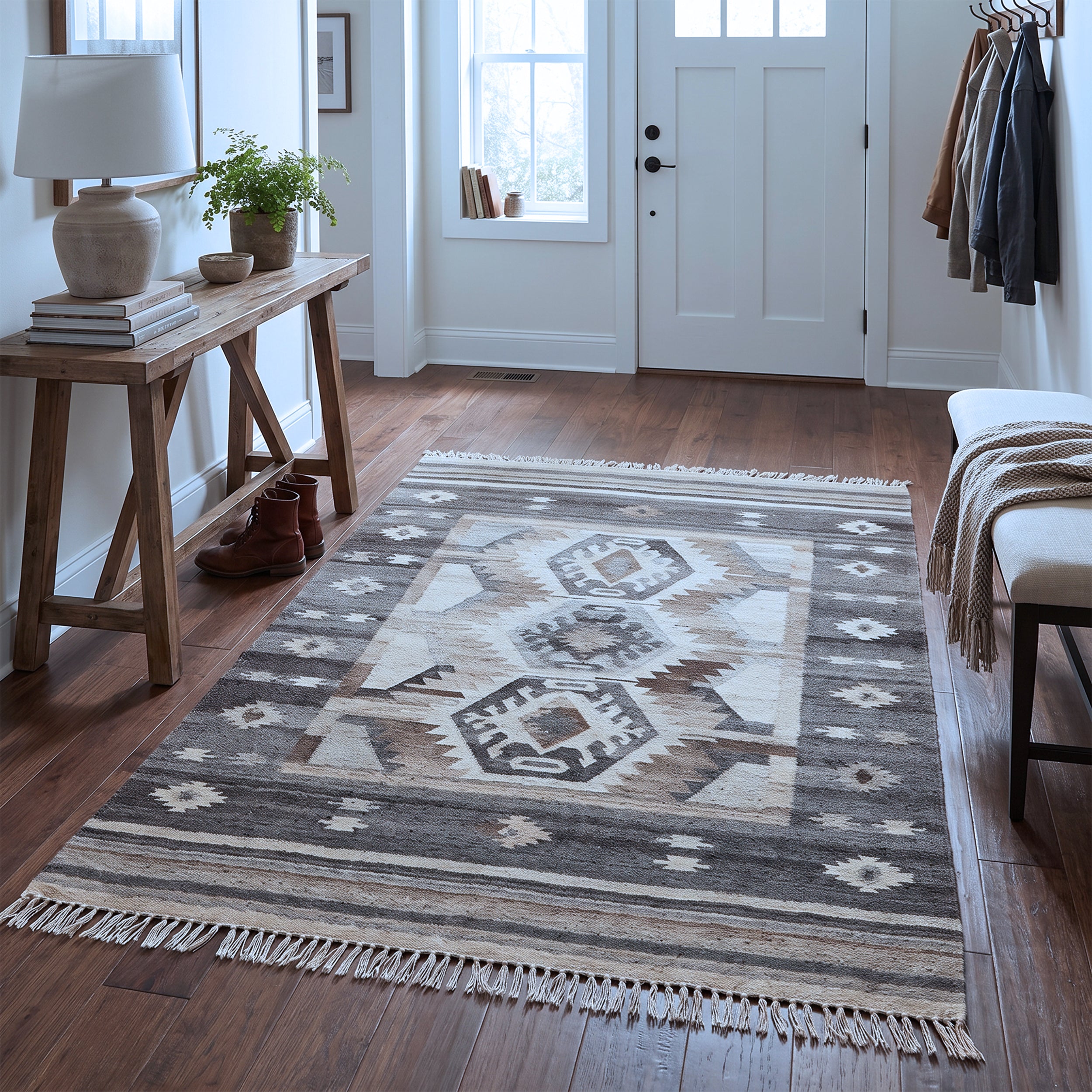 Grey, Ivory & Brown Tribal Geometric Kilim Rug Design 150 × 200 cm