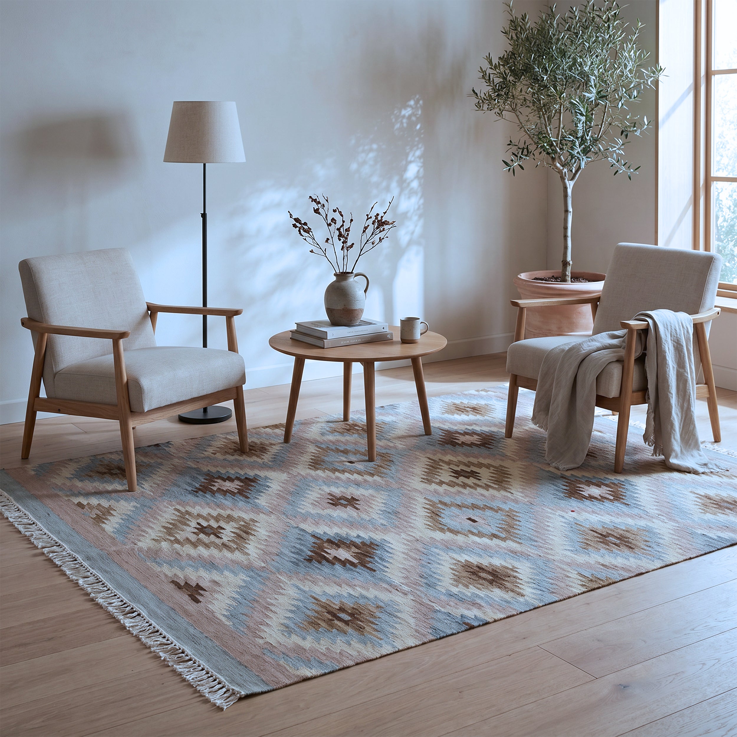 Beige & Blue Tribal Diamond Kilim Rug Design 150 × 200 cm
