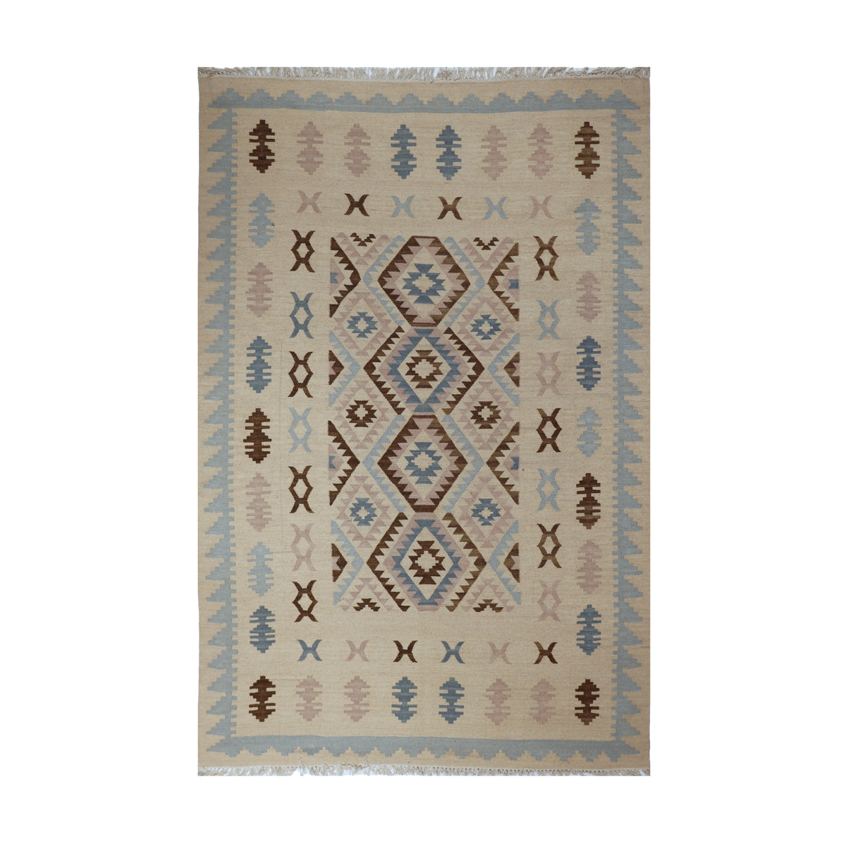 Beige & Blue Tribal Geometric Medallion Kilim Rug Design 170 × 240 cm