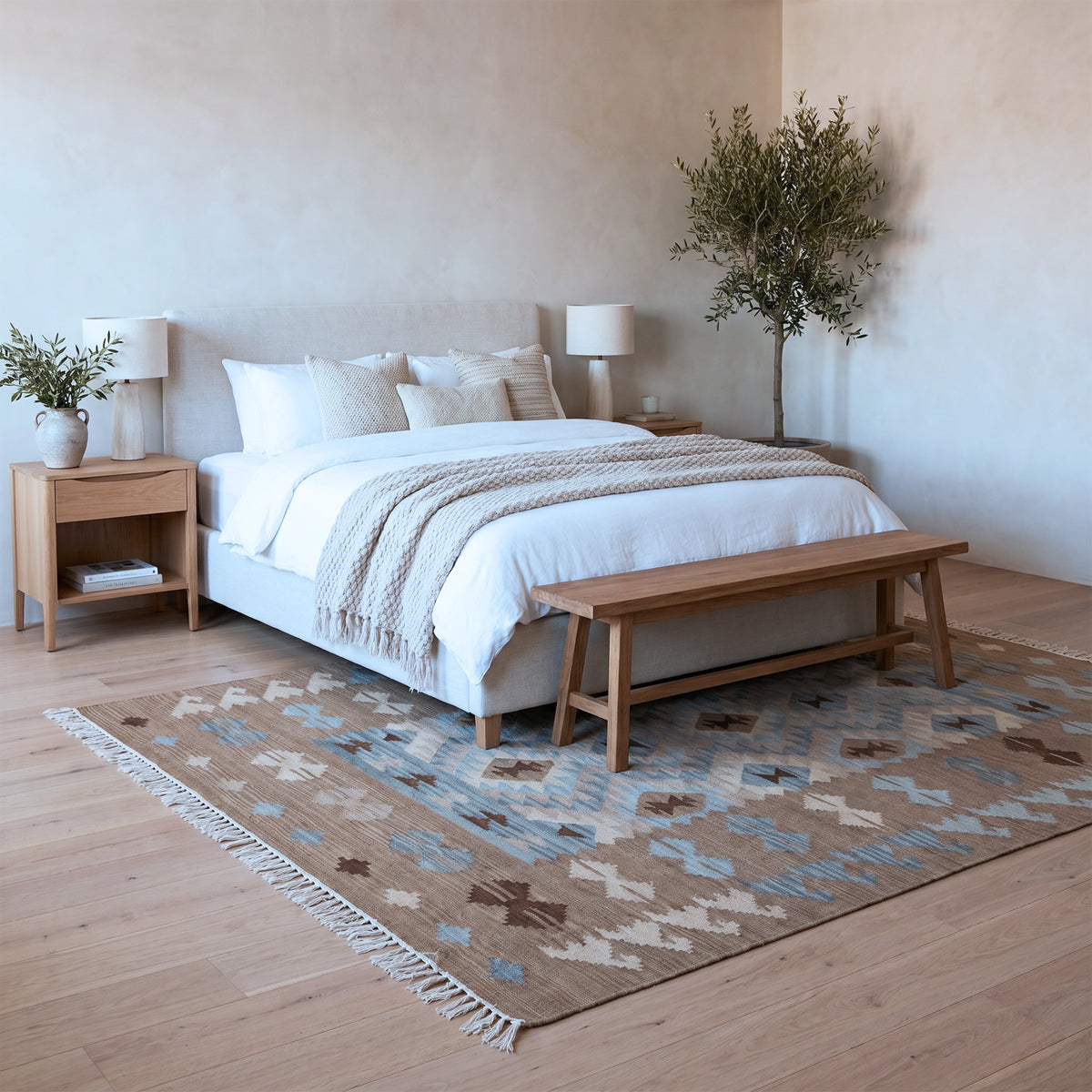 Brown & Blue Tribal Geometric Medallion Kilim Rug Design 170 × 240 cm