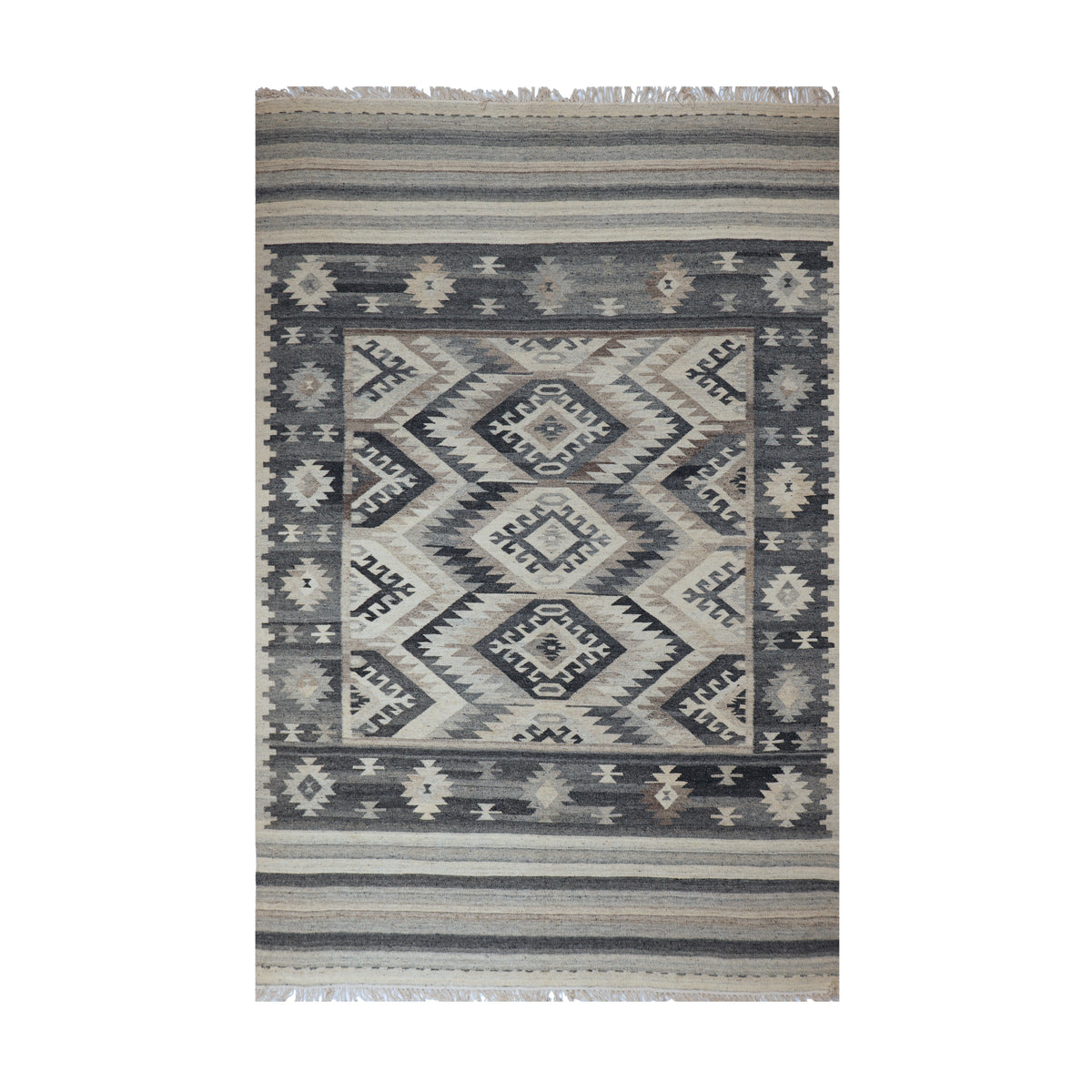 Grey & Ivory Tribal Geometric Medallion Kilim Rug Design 170 × 240 cm