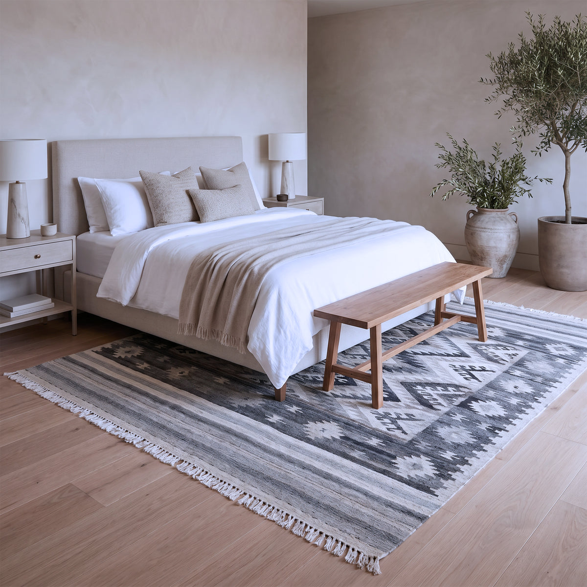 Grey & Ivory Tribal Geometric Medallion Kilim Rug Design 170 × 240 cm