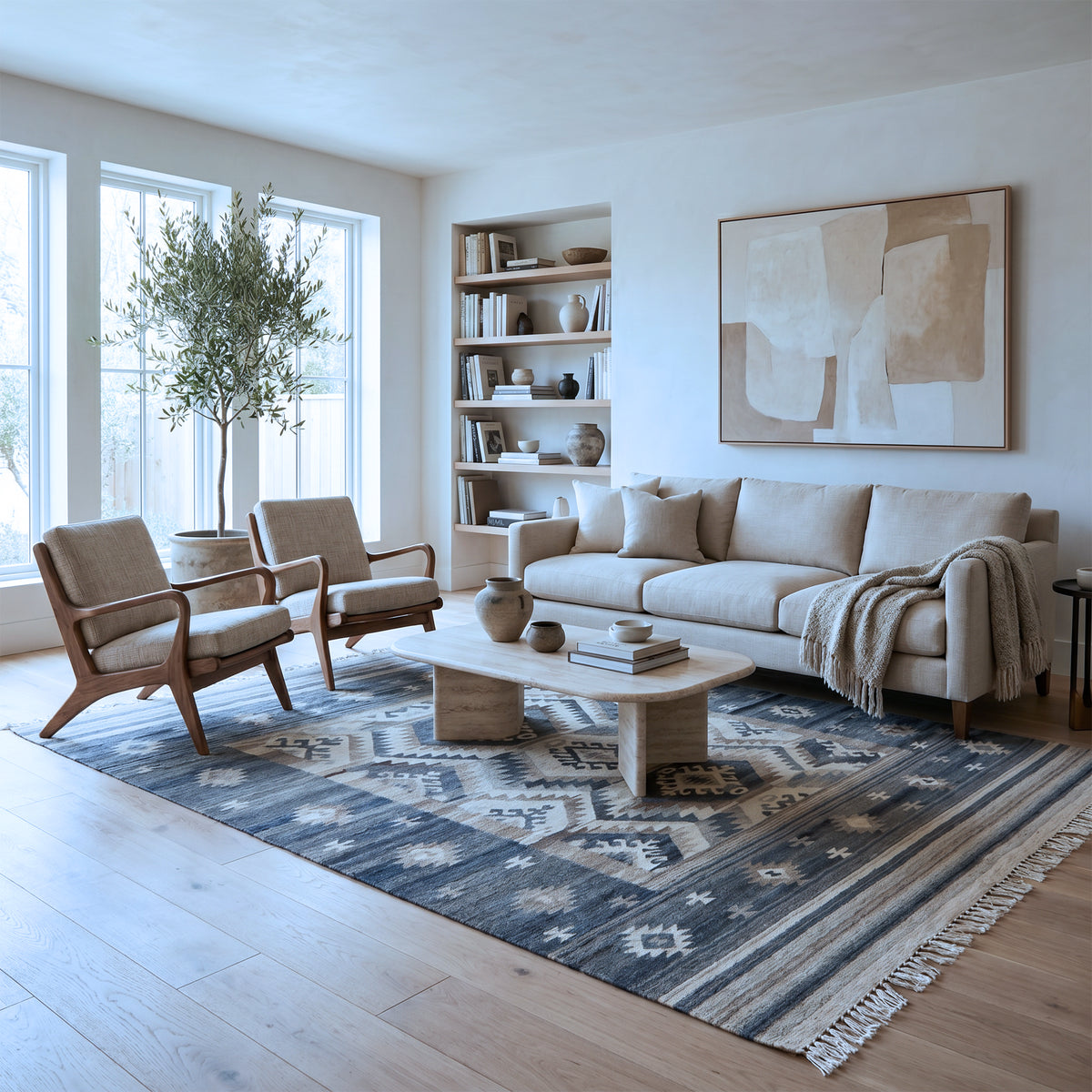 Taupe & Ivory Tribal Geometric Medallion Kilim Rug Design 200 × 300 cm