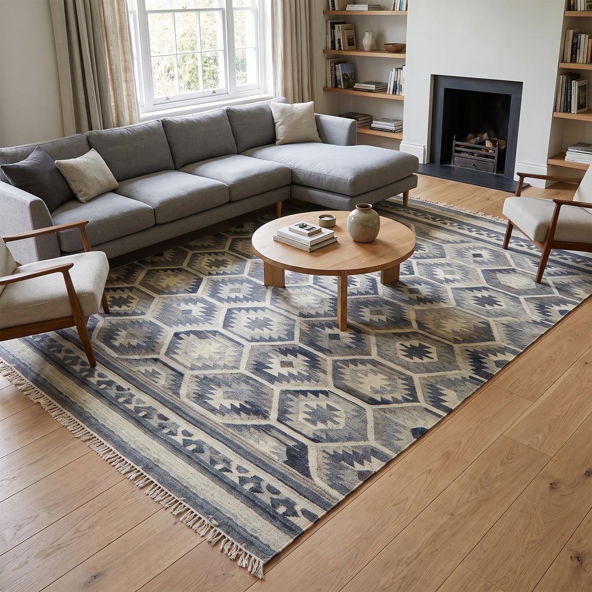 Grey & Ivory Honeycomb Geometric Kilim Rug Design 200 × 300 cm