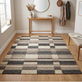 Brown, Grey & Ivory Patchwork Geometric Kilim Rug Design 160 × 196 cm
