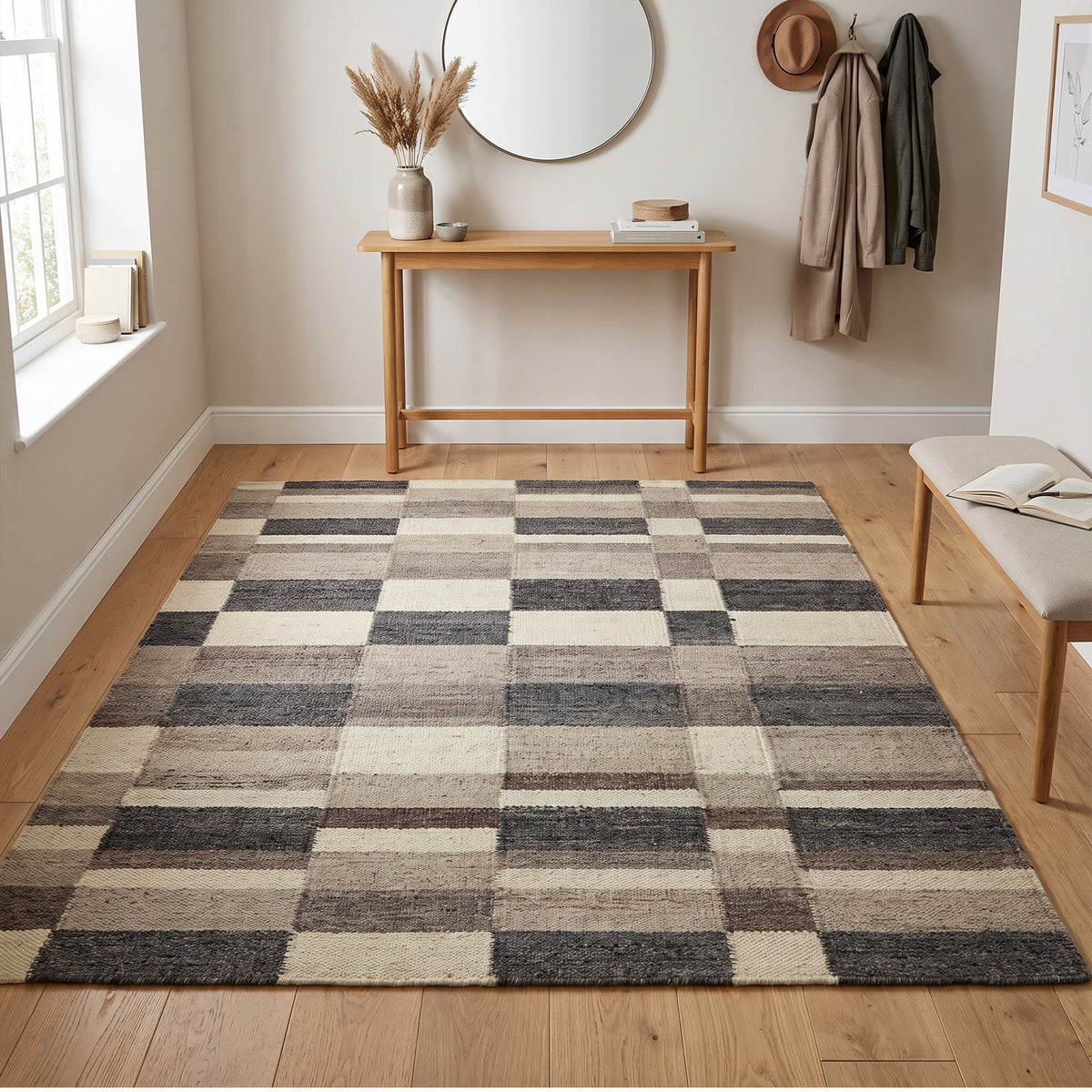 Brown, Grey & Ivory Patchwork Geometric Kilim Rug Design 160 × 196 cm