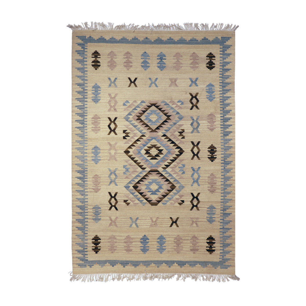 Ivory & Blue Tribal Diamond Kilim Rug Design 150 × 200 cm