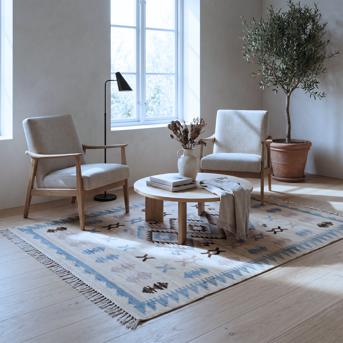 Ivory & Blue Tribal Diamond Kilim Rug Design 150 × 200 cm