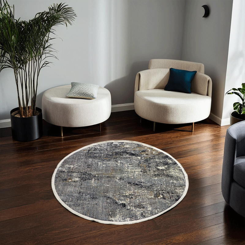 Grey & Gold Part Silk Modern Round Rug 160 × 160 cm