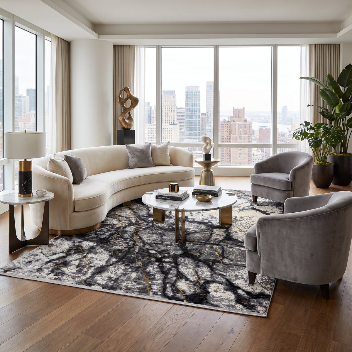 Grey, Black & Gold Abstract Marble Rug Design 290x200cm - photo 2