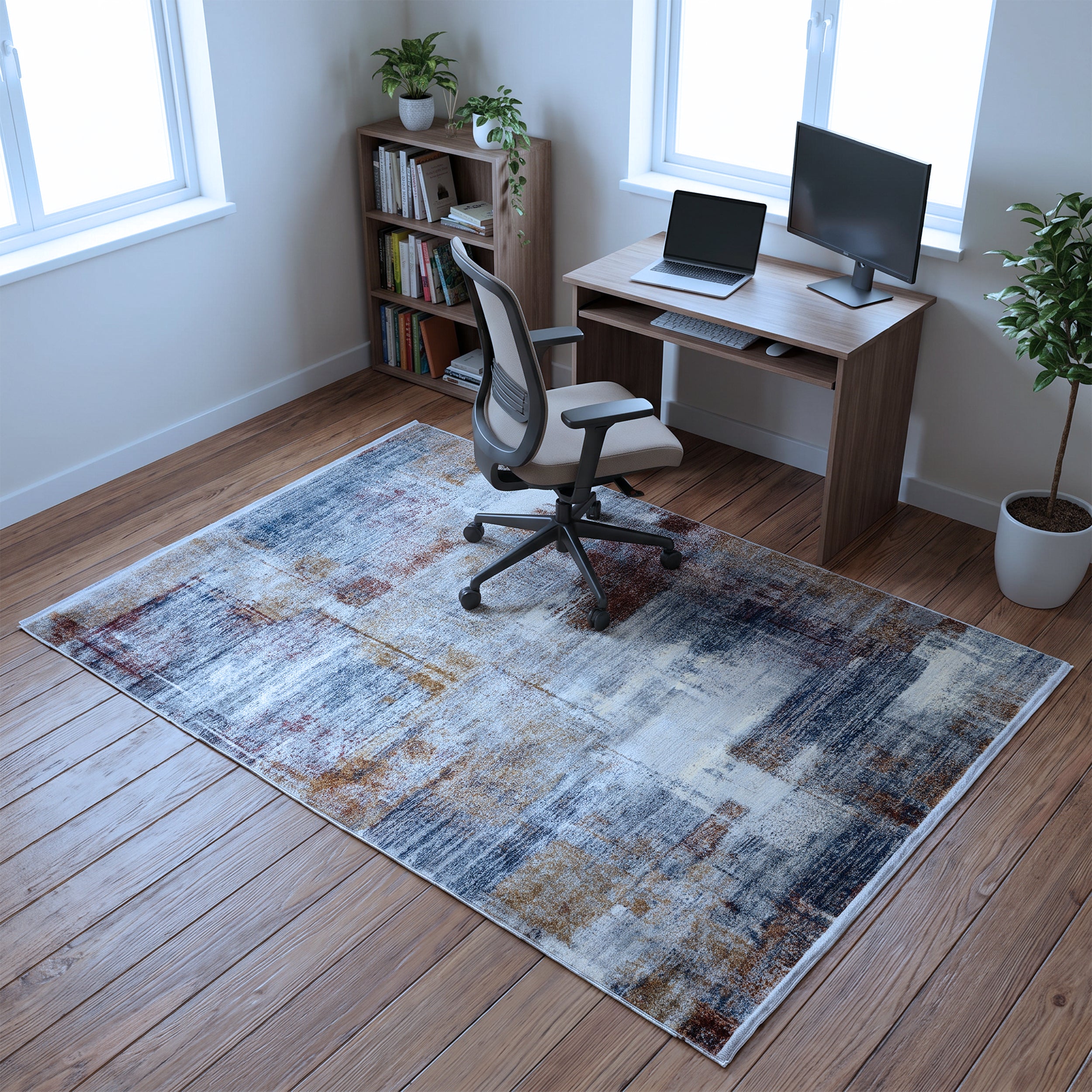 Blue Grey & Rust Abstract Distressed Rug Design 230 × 160 cm
