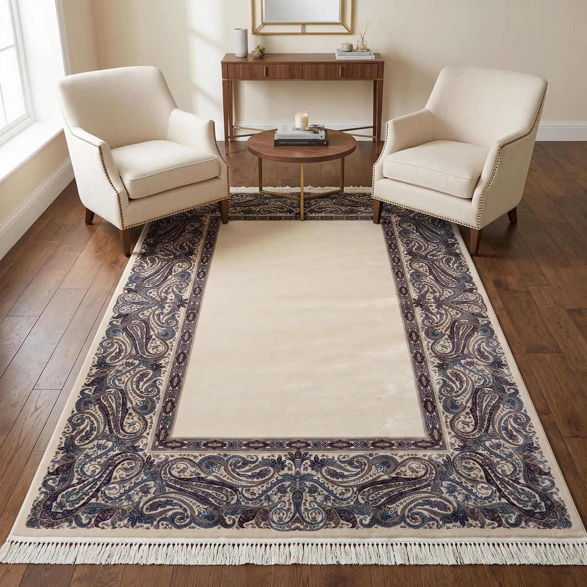 Cream & Brown Persian Paisley Border Rug Design 230 × 160 cm