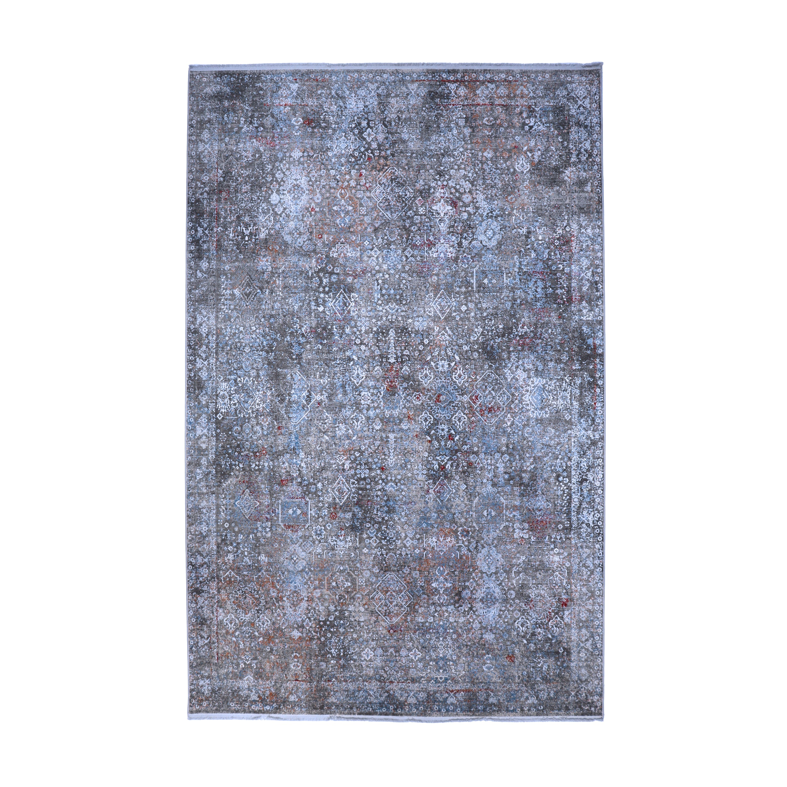 Taupe Grey, Blue & Rust Distressed Tribal Rug Design 290 × 200 cm