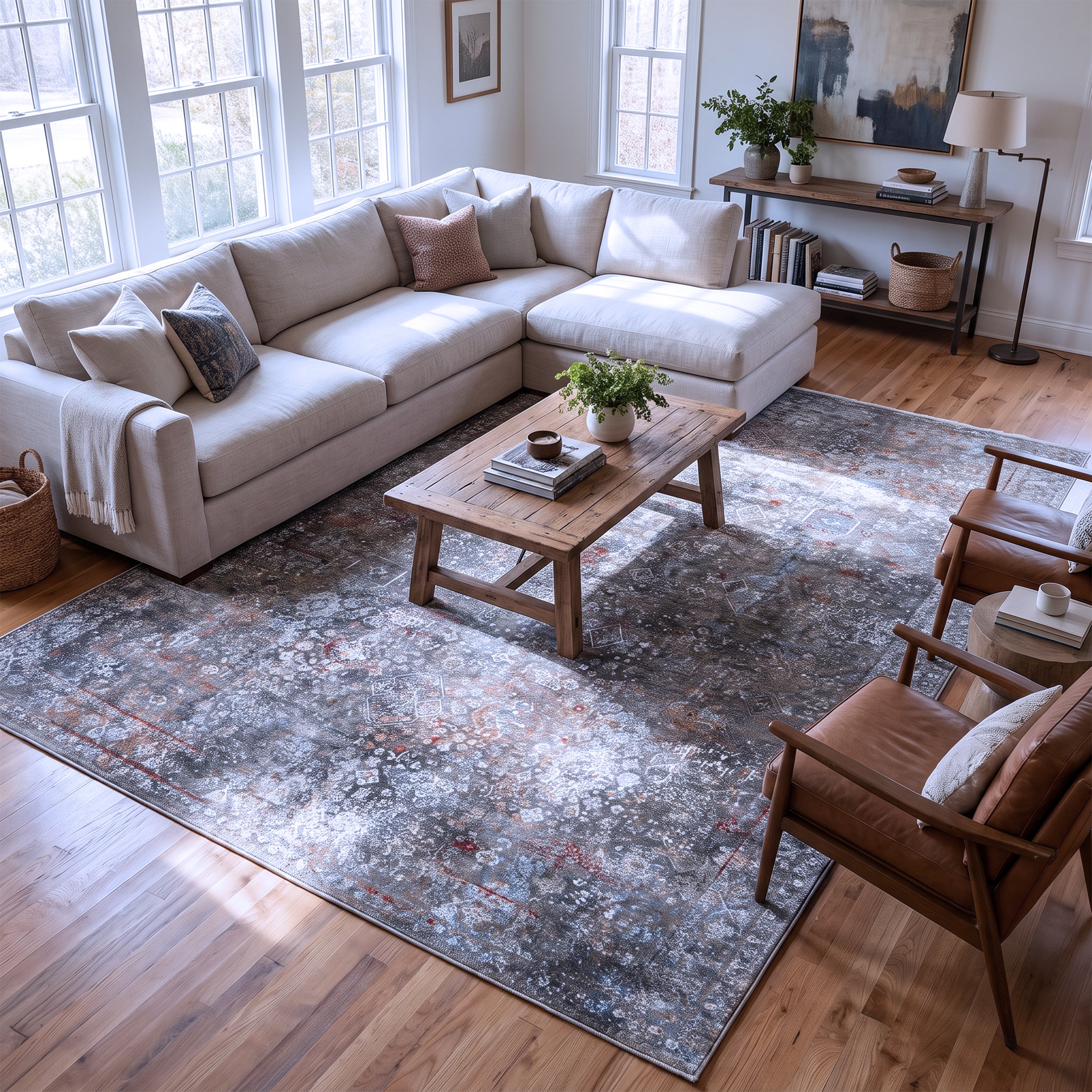 Taupe Grey, Blue & Rust Distressed Tribal Rug Design 290 × 200 cm