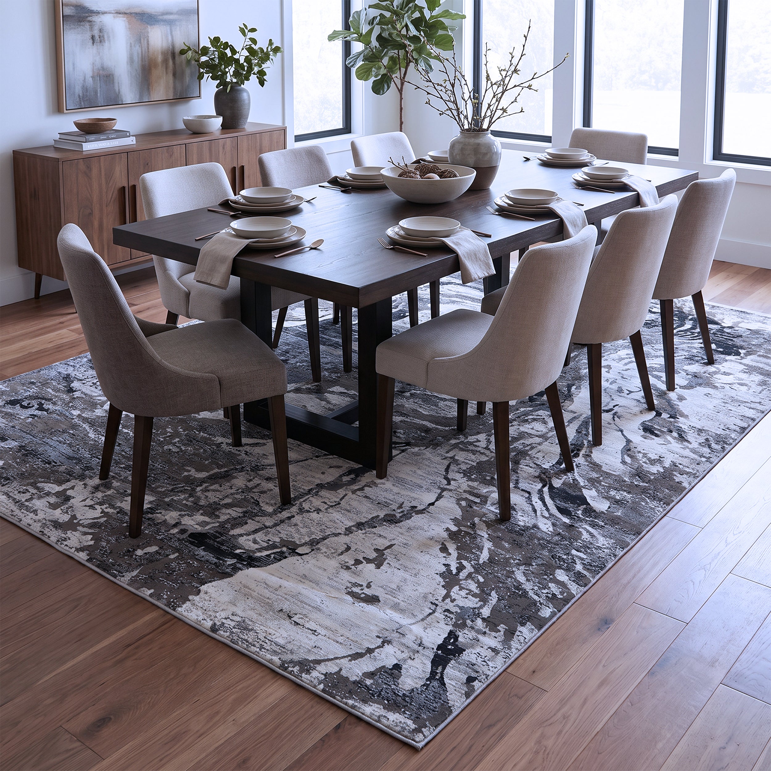Taupe Grey & Charcoal Abstract Botanical Rug Design 290 × 200 cm